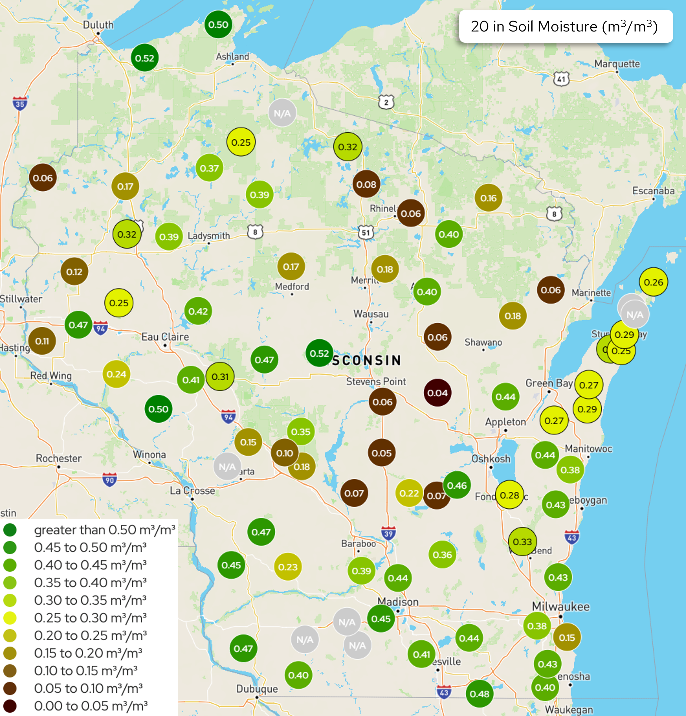 Wisconsin soil moisture map at 20-inch depth, with values ranging 0.04–0.52 m³/m³. Image description below.