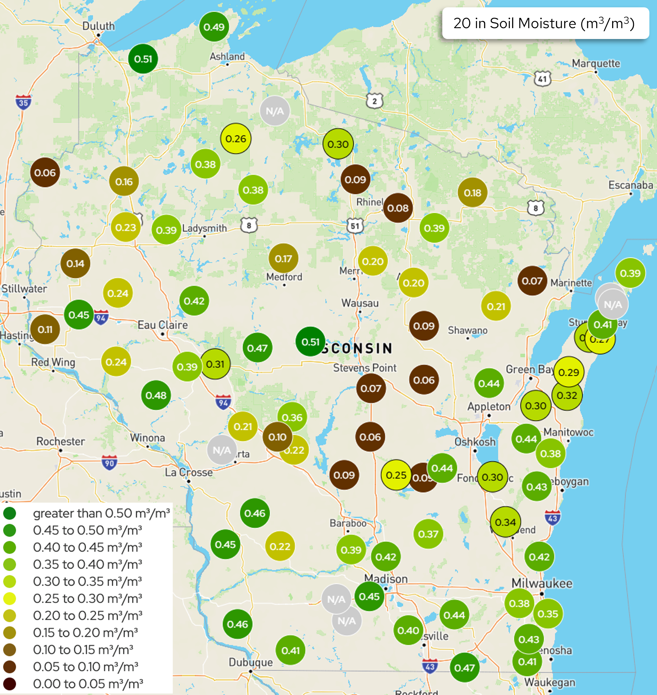 Wisconsin soil moisture map at 20-inch depth showing station readings (m³/m³), ranging from dry (0.06) to saturated (0.51). Image description below.
