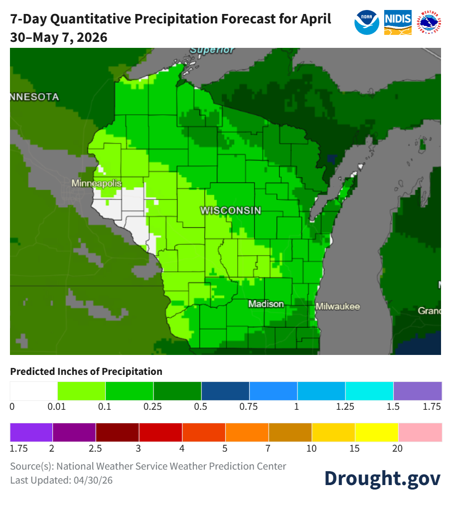 7 day quantitative precipitation forecast for April 30th through May 7th. Image description below