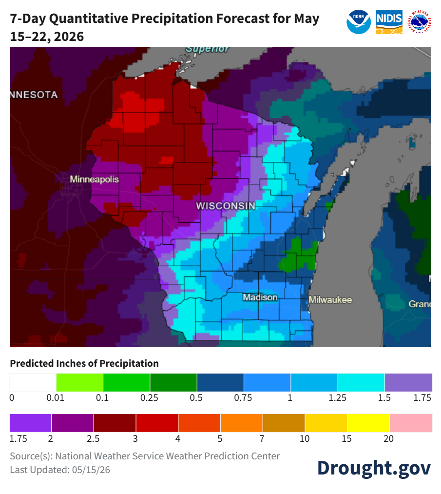 7-day QPF map, May 15–22, 2026: Madison, WI forecast 1.25–1.5"; northwest WI/MN border shows 3–5"+. Image description below. 