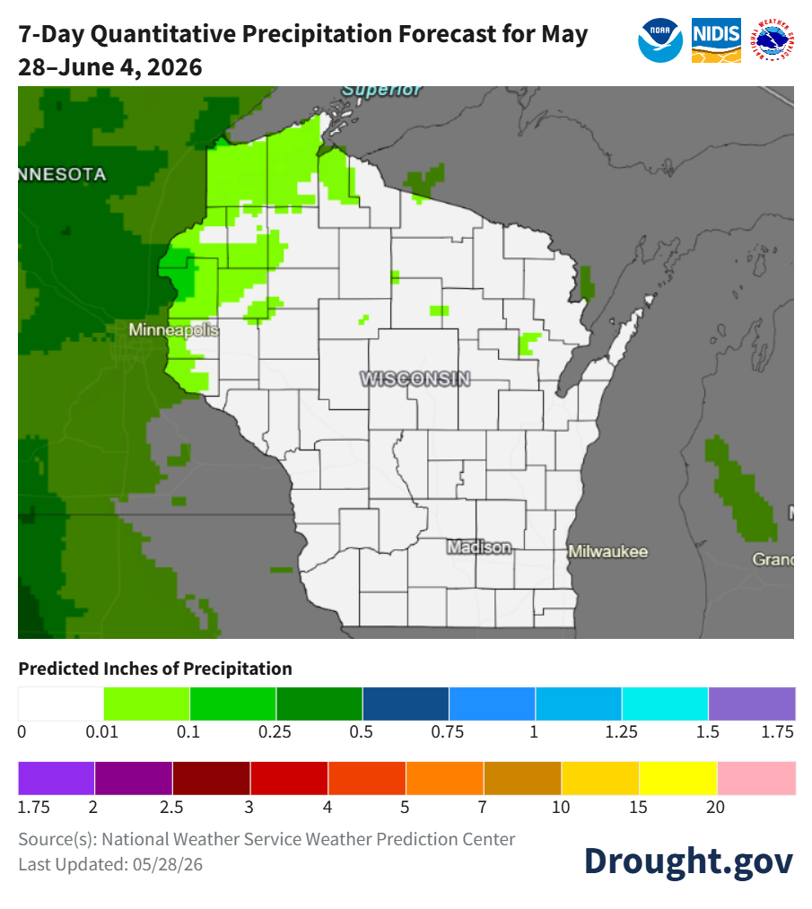 7-day precipitation forecast map May 28–June 4, 2026. Wisconsin mostly dry; light rain (0.01–0.25") in far north. Heavy rain in Minnesota. Image Description Below.