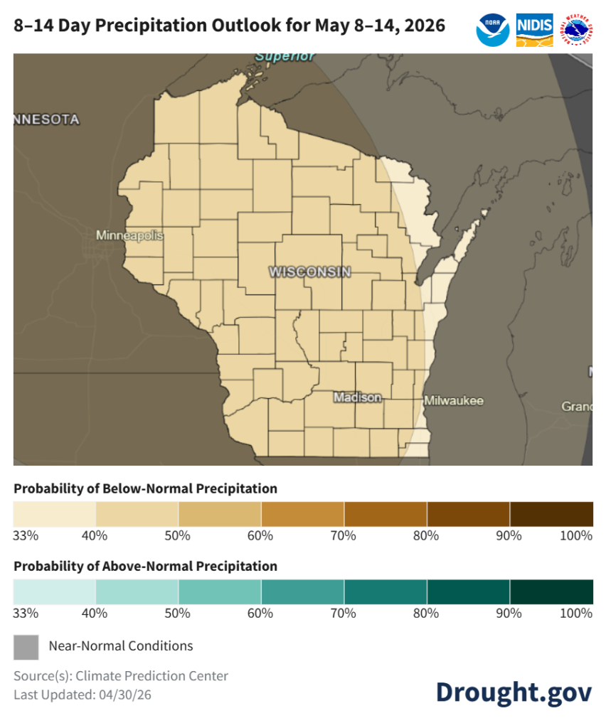 8–14 Day Precipitation Outlook for Wisconsin, May 8–14, 2026. Image description below.