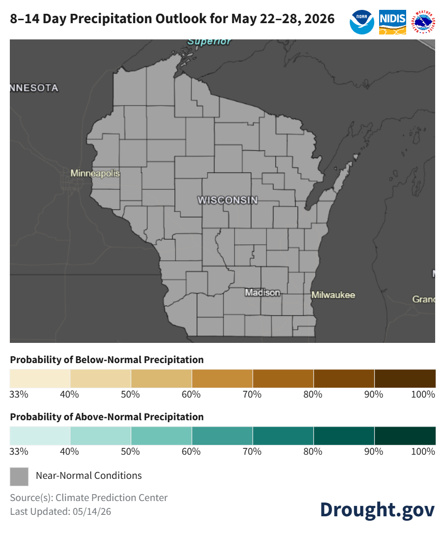 Map of Wisconsin 8- 14 day precipitation outlook for May 22-28. Image description below. 
