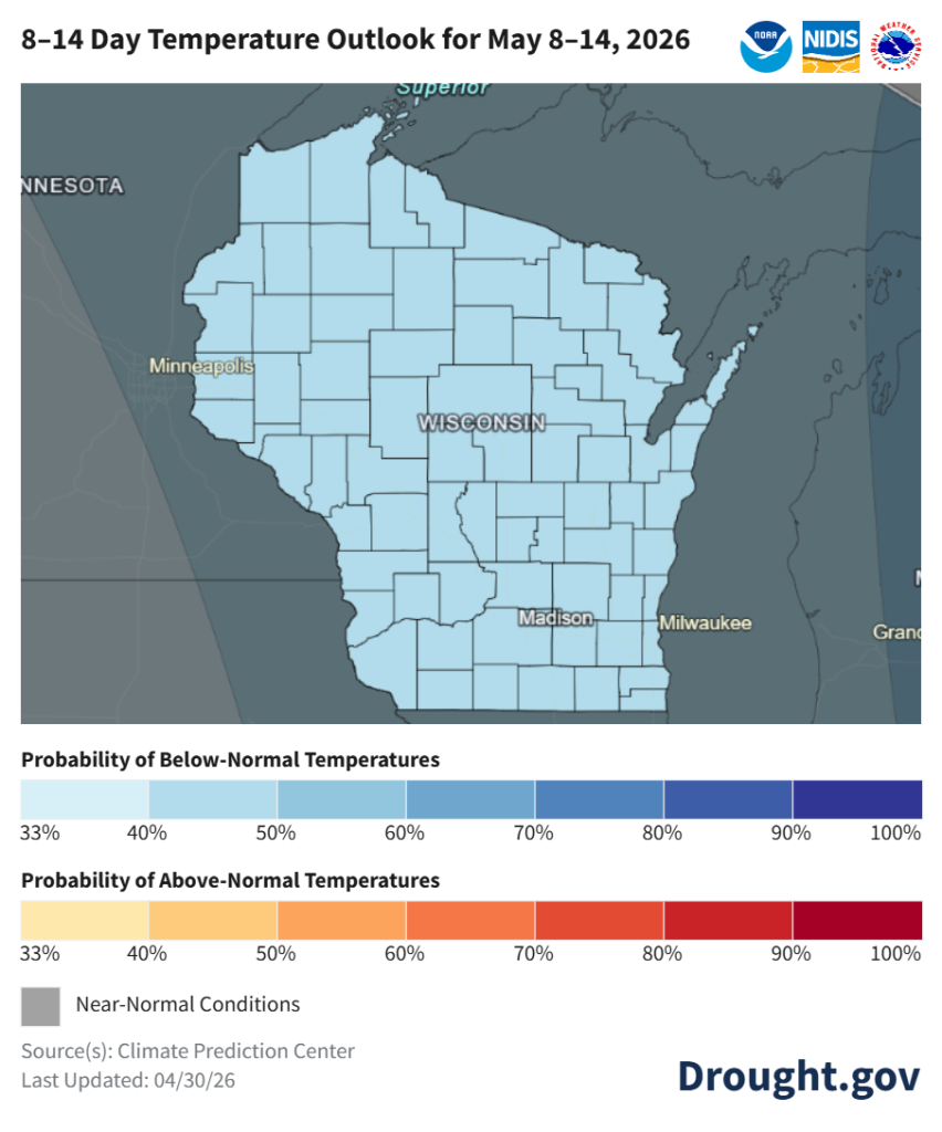 8–14 Day Temperature Outlook for Wisconsin, May 8–14, 2026. Image description below.
