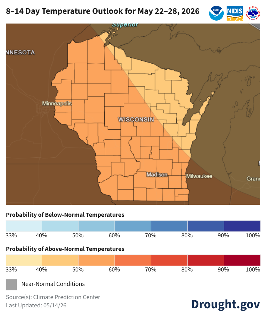 NOAA 8–14 day temperature outlook for Wisconsin, May 22–28, 2026. Image description below.