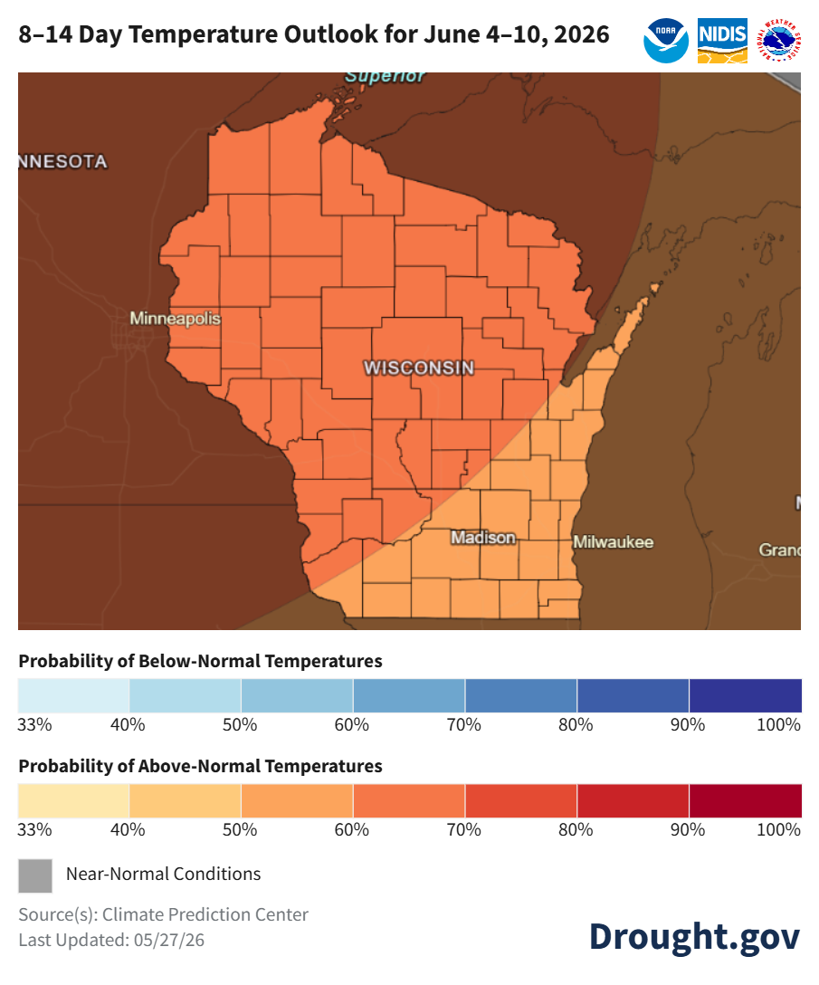 NOAA 8–14 day temperature outlook for June 4–10, 2026. Image description below.