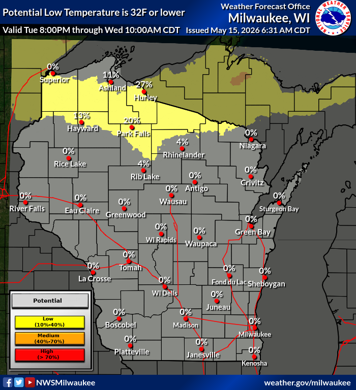 Wisconsin frost probability map, May 15–16 2026. Northern WI shows 4–27% chance; rest of state 0%. Image description below.