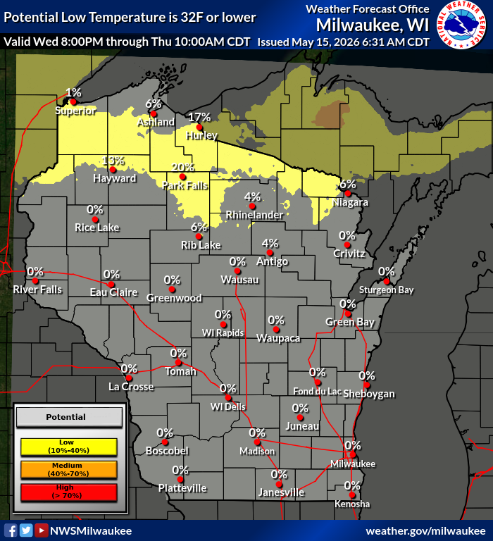 NWS Milwaukee frost map: WI freeze risk Wed 8PM–Thu 10AM CDT, May 15–16, 2026. Highest risk (up to 20%) in northern WI. Image description below.