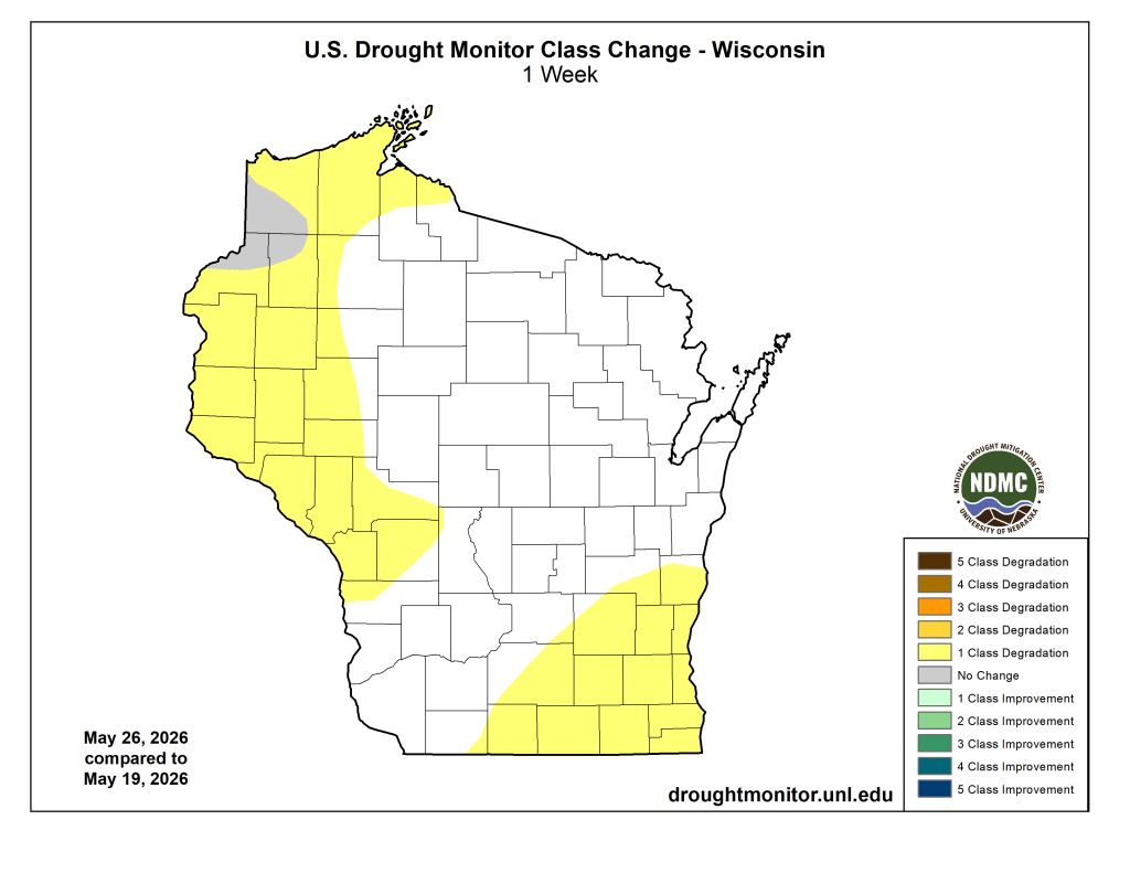 Wisconsin drought monitor class change map, May 19–26 2026. Image description below.