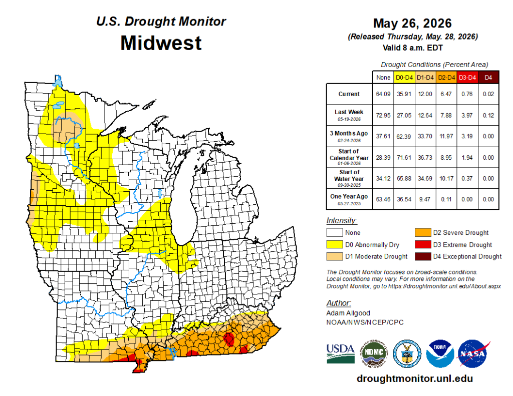 U.S. Drought Monitor map of the Midwest, May 26, 2026. Image description below.