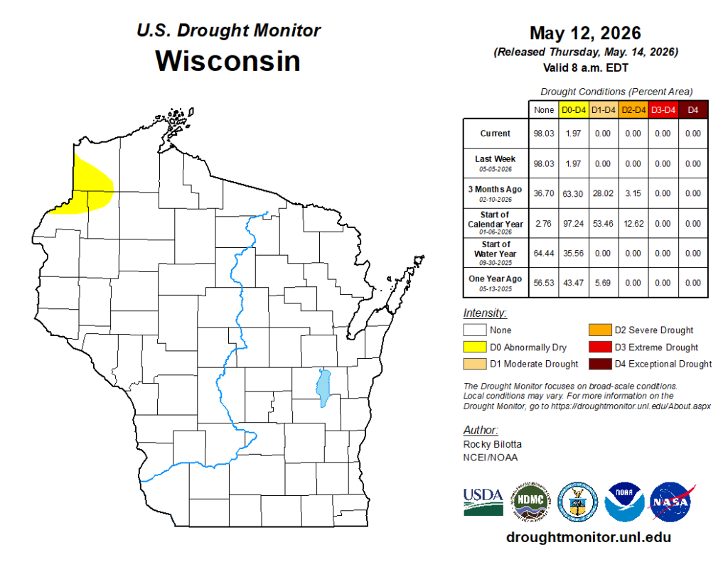 Wisconsin Drought Monitor map, May 12, 2026. 1.97% of state abnormally dry (D0) in northwest. 98% drought-free. Image description below.