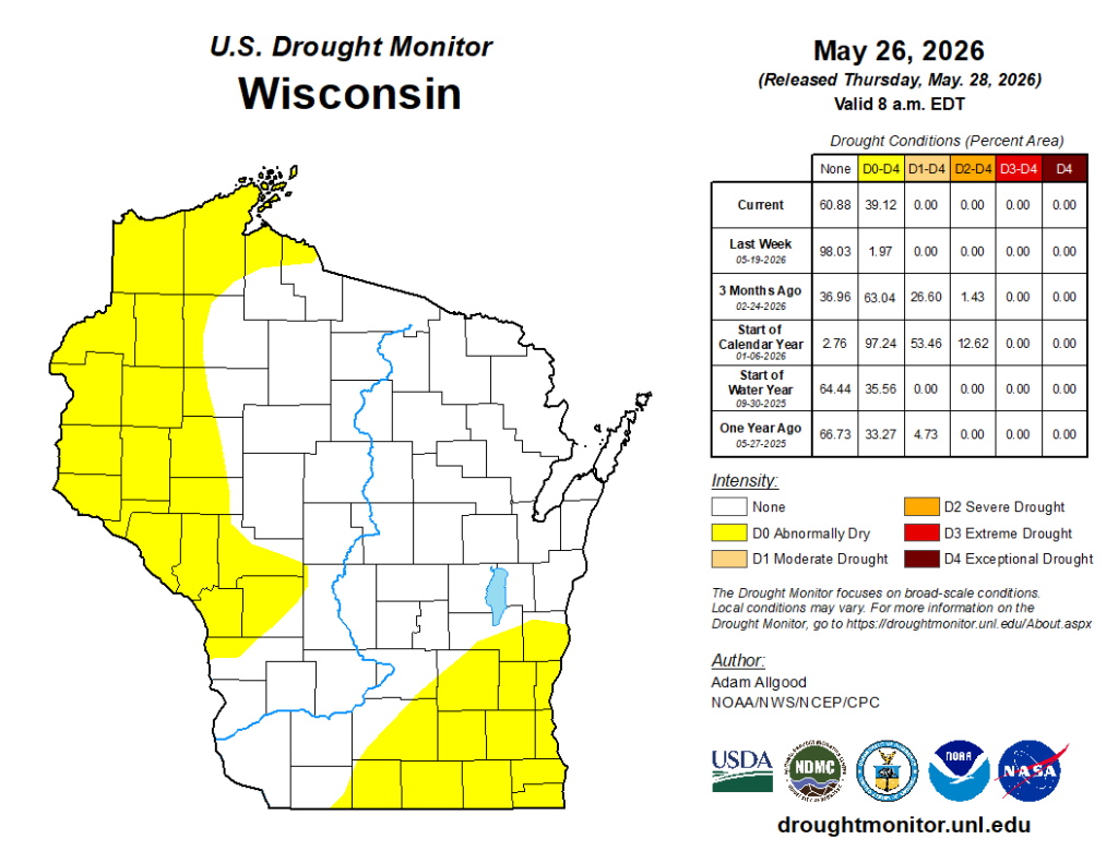 Wisconsin Drought Monitor map, May 26 2026. 39% of state in D0 abnormally dry conditions, concentrated in west and south. Image description below.