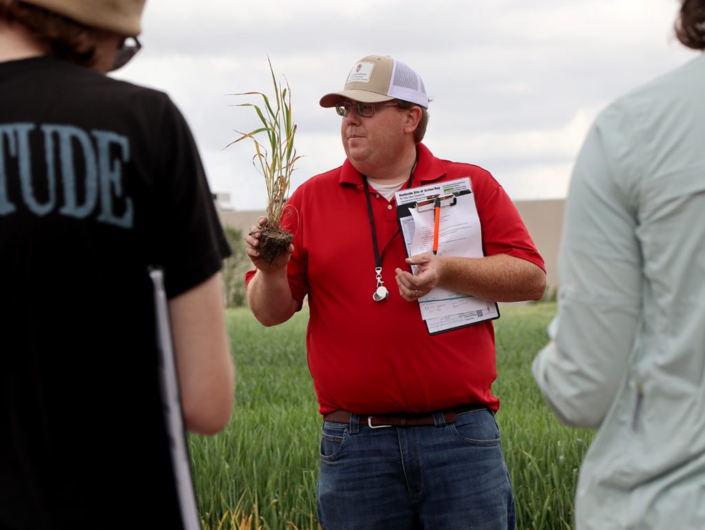 Extension weed science outreach specialist Dan Smith holds a seedling and a clipboard while conducting an outdoor crop scouting and weed identification training.