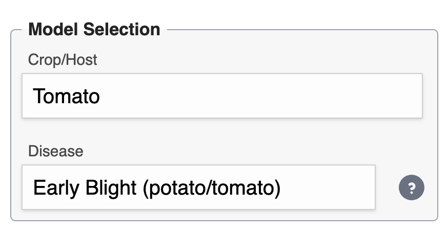 Model Selection panel with two fields. In the "Crop / Host" field, "Tomato" is selected. In the "Disease" field, "Early Blight" is selected.