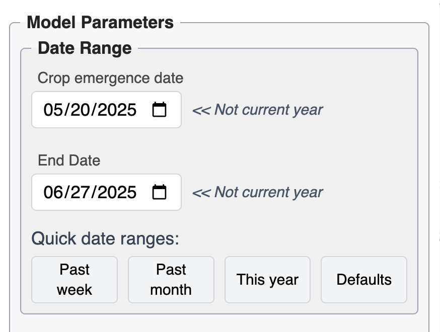 On the "Model Parameters" panel, the "Crop emergence date" field is set to "05/20/2025", and the "End Date" field is set to "06/27/2025".