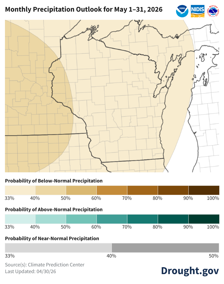 May 2026 precipitation outlook for Wisconsin/Upper Midwest. Most of Wisconsin shows 33–40% chance of below-normal precipitation. Image description below.