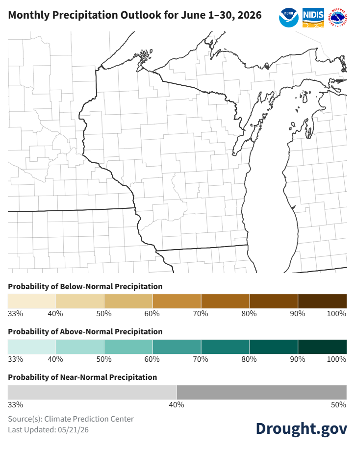 Monthly Precipitation Outlook June 1–30, 2026: Wisconsin and Great Lakes region shows no significant departure from normal precipitation predicted. Image description below