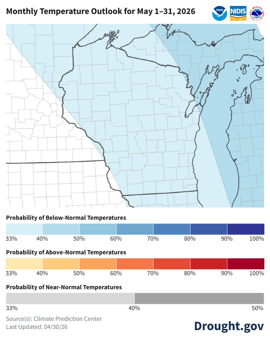 May 2026 temperature outlook for Wisconsin/Upper Midwest. Image description below.