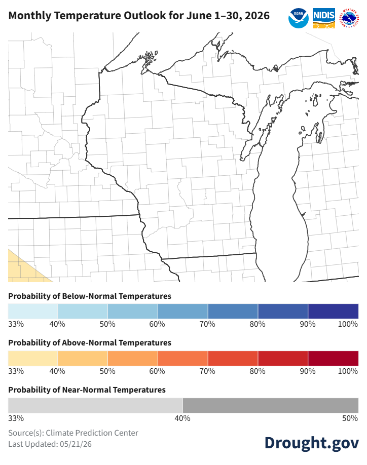 Monthly Temperature Outlook June 1–30, 2026: Wisconsin and Great Lakes region shows no significant departure from normal precipitation predicted. Image description below