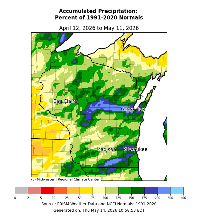 Map: Wisconsin accumulated precipitation precent of 1991-2020 normals for April 12–May 11, 2026. Image description below. 