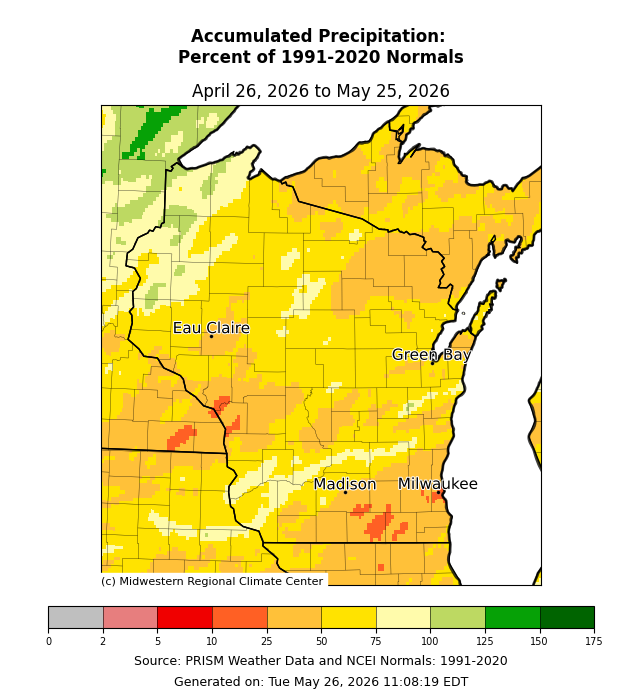 Map: Wisconsin 30-day precipitation April 26–May 25, 2026 at 25–75% of normal. Madison area below normal. Image description below.