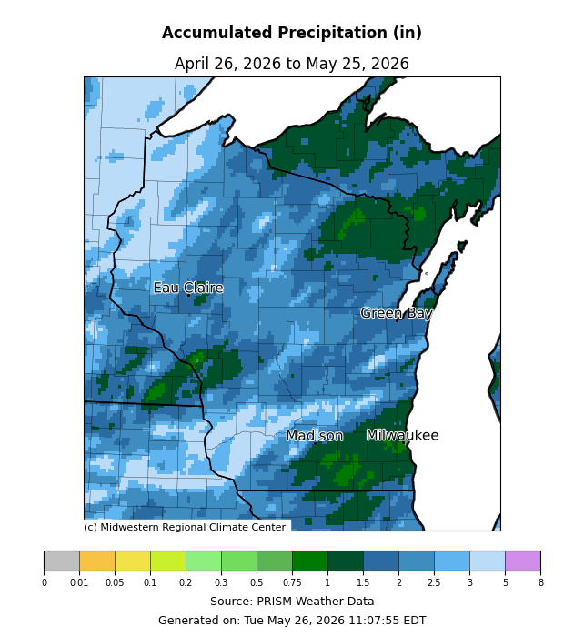 Map of accumulate precipitation in WI in inches over the last 30 days. Image description below