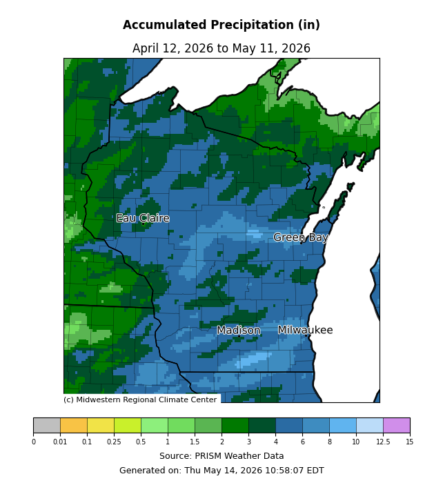 Map: Wisconsin accumulated precipitation, April 12–May 11, 2026. Image description below. 