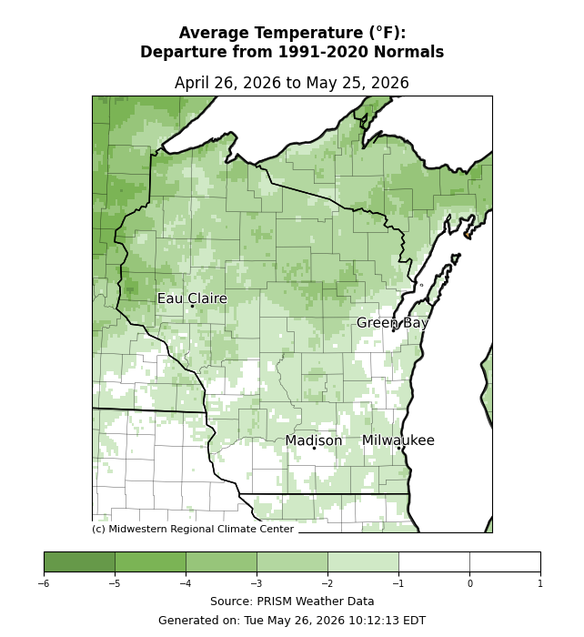 Wisconsin temperature map, Apr 26–May 25 2026: mostly 1–3°F below 1991–2020 normals statewide. Image description below.