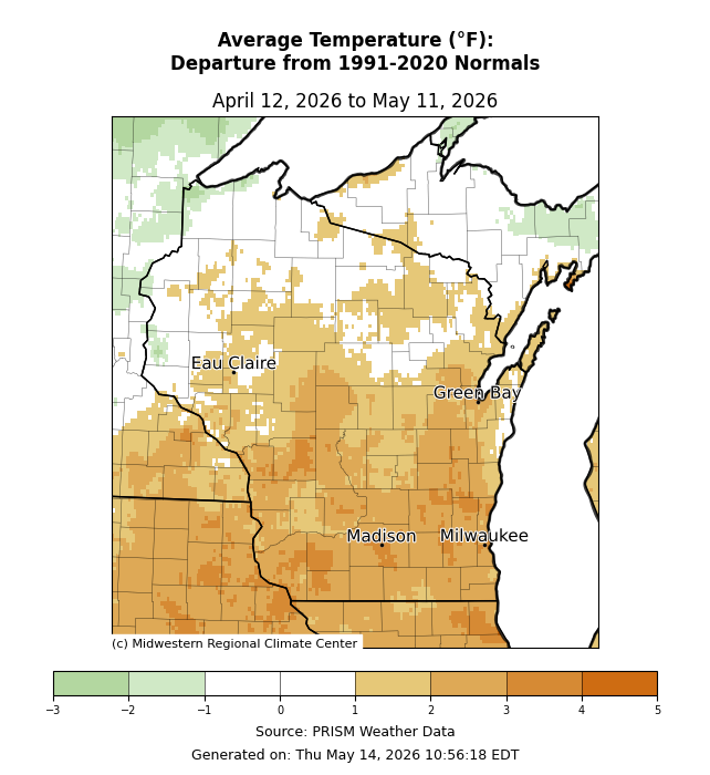 Map: average temperatures departure from 1991 to 2020 normals from April 12th to May 11th 2026. Image description below