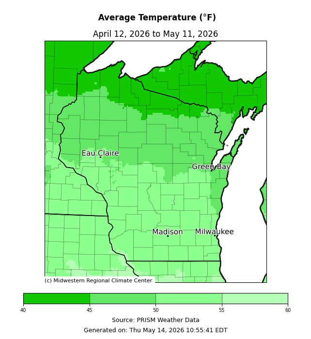 Map: average temperatures for Wisconsin from April 12th to May 11th 2026. Image description below