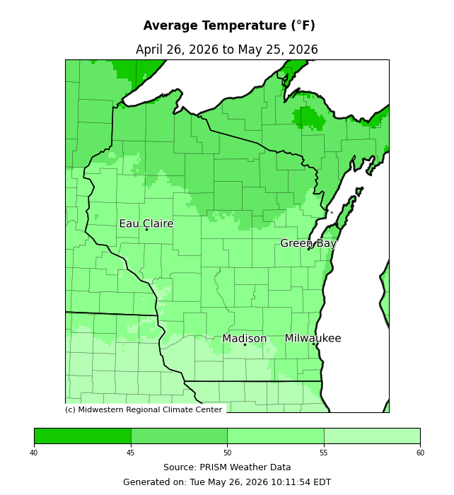 Map: Wisconsin avg temperature 40–60°F, April 26–May 25, 2026. Most areas 50–55°F. Image description below.