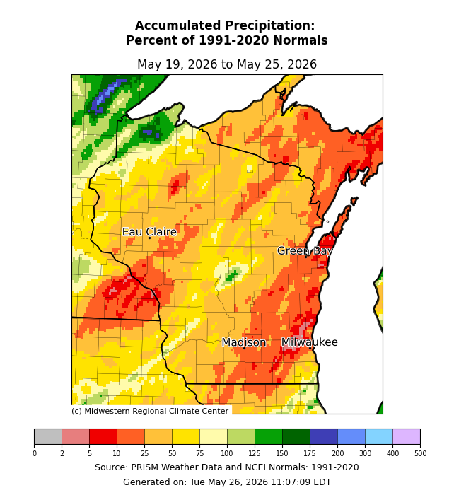 Map: Wisconsin precipitation May 19–25, 2026 was 0–50% of normal across most of state; far northwest exceeded 200%. Image description below.