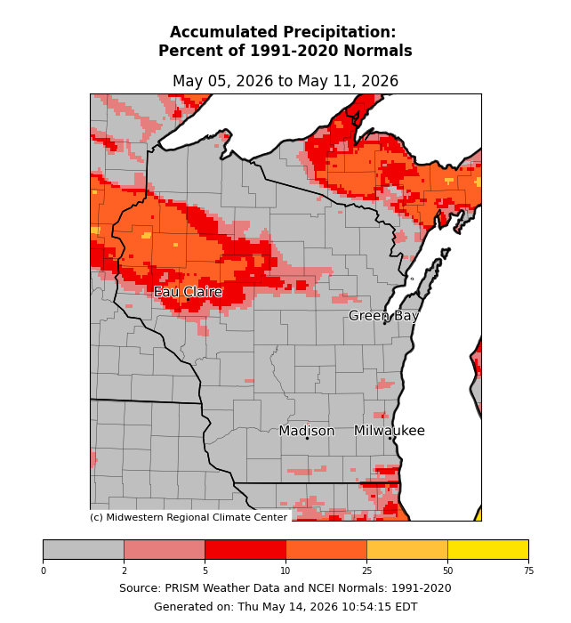 Accumulated Precipitation Map: Percent of 1991- 2020 normals. Image description below