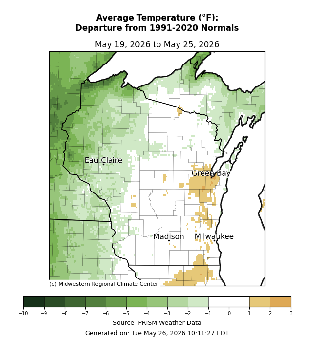Average Temperature departure from 1991- 2022 normals for Wisconsin., Image description below
