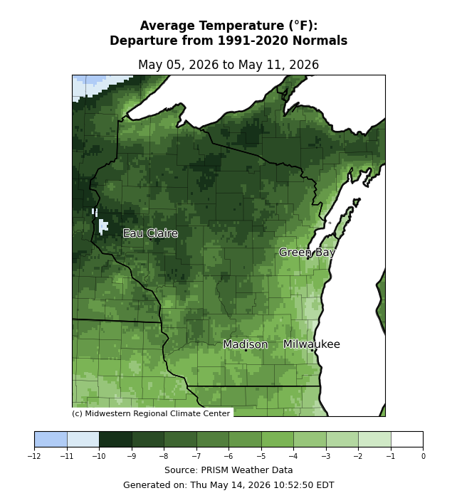 Map: Wisconsin average temperature departure from 1991-2020 normals, May 5–11, 2026. Image description below.