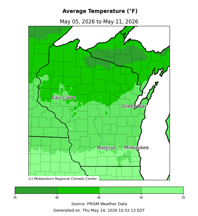 Map: Wisconsin average temperatures 45–50°F, May 5–11, 2026. Image description below.
