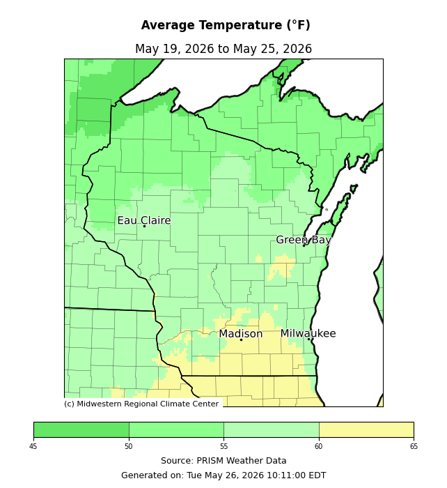Average Temperature May 19th to May 25th for Wisconsin. Image description below