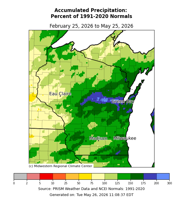Map: Wisconsin 90-day accumulated precipitation Feb 25–May 25, 2026, mostly 125–200% of normal. Image description below.
