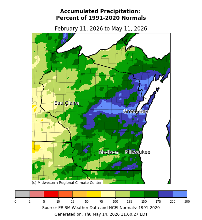 Map: Wisconsin/Upper MI 90-day precipitation Feb 11–May 11, 2026, mostly 100–150% of normal; eastern WI notably above normal. Image description below.