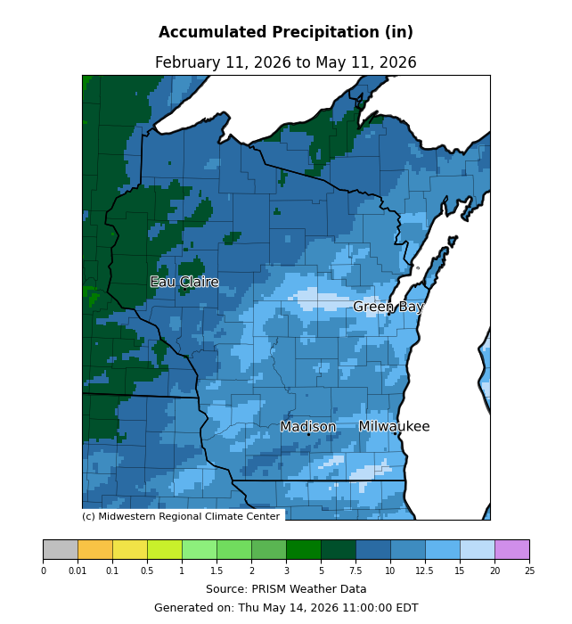 Accumulated Precipitation map for Wisconsin. Image description below