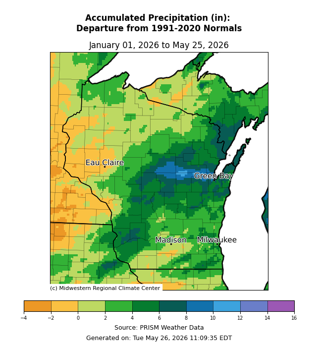 Annual accumulated precipitation in inches departure from 1991 to 2020 normals in Wisconsin. Image description below