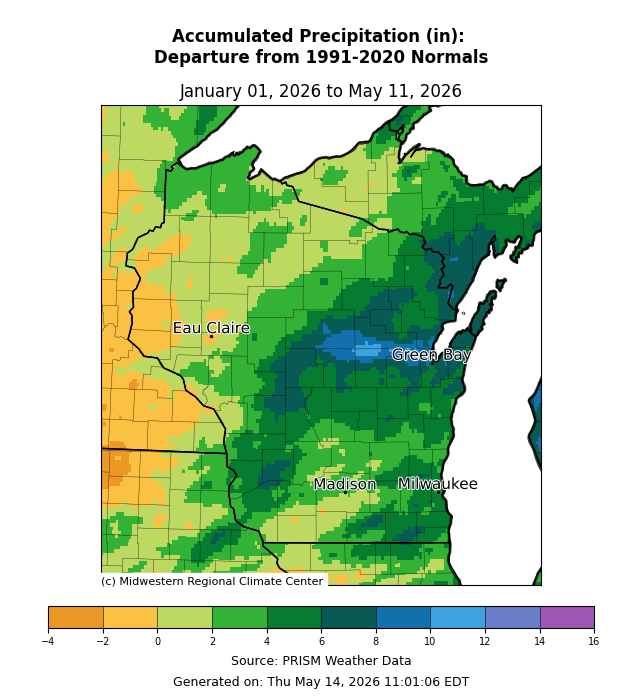Year to date accumulated precipitation departure from 1991-2020 normals. Image description below