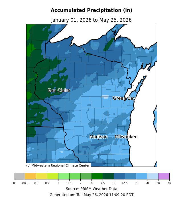Annual accumulated precipitation in inches in Wisconsin in 2026. Image description below