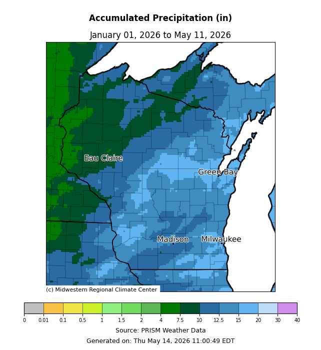 Map showing accumulated precipitation (in) across Wisconsin and Minnesota, Jan 1–May 11, 2026. Image description below. 