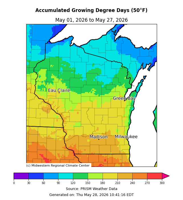 Map: Accumulated Growing Degree Days (50°F), May 1–27, 2026. Image description below.