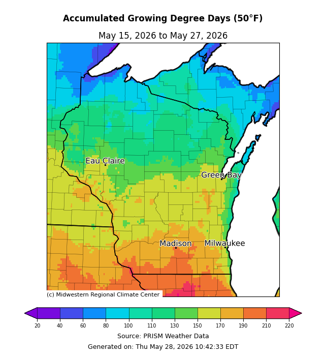 Map: Accumulated Growing Degree Days (50°F), May 15–27, 2026. Image description below.