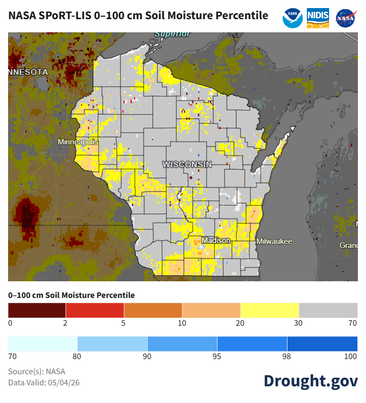 NASA SPoRT-LIS soil moisture percentile map of Wisconsin, May 4, 2026. Image description below. 