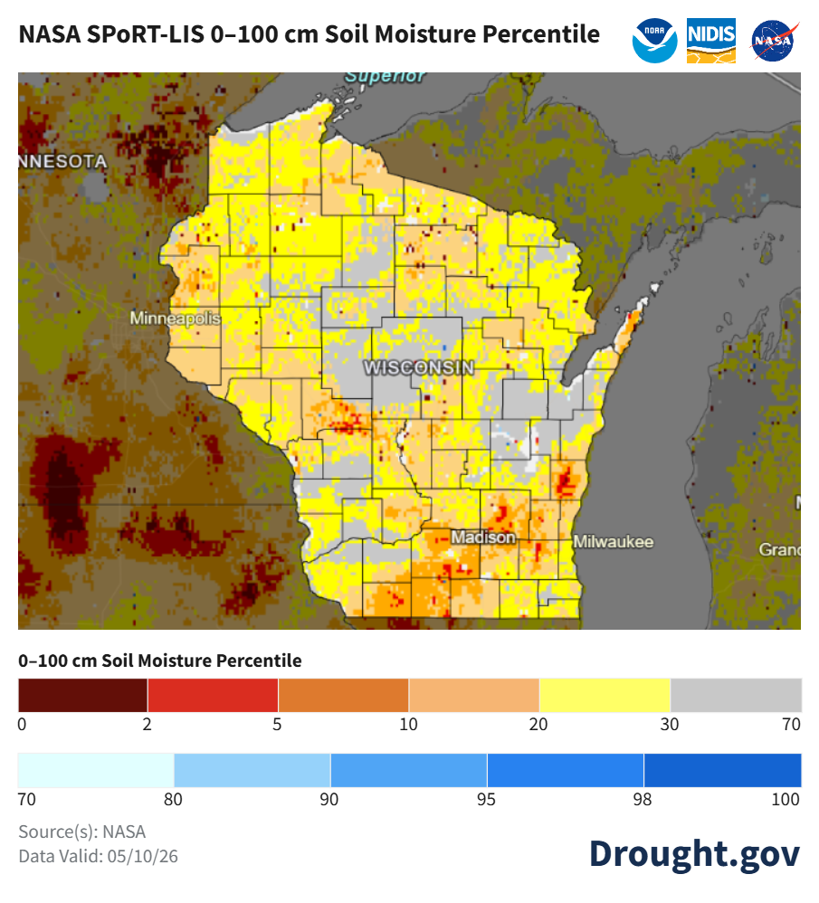 NASA SPoRT-LIS soil moisture map of Wisconsin, May 10, 2026. Image description below.