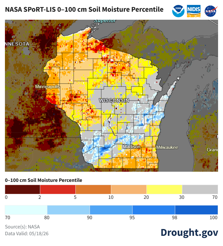NASA SPoRT-LIS soil moisture map of Wisconsin, May 18, 2026. Image description below.
