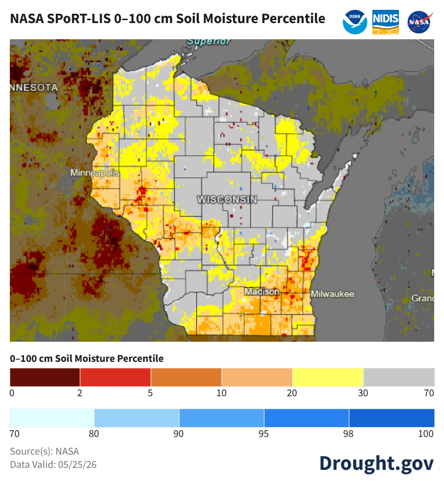 NASA SPoRT-LIS soil moisture map of Wisconsin, May 25, 2026. Image description below.